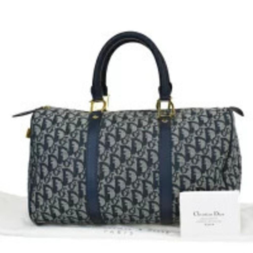 Christian Dior Trotter Handbag Boston Navy Blue Canvas Leather